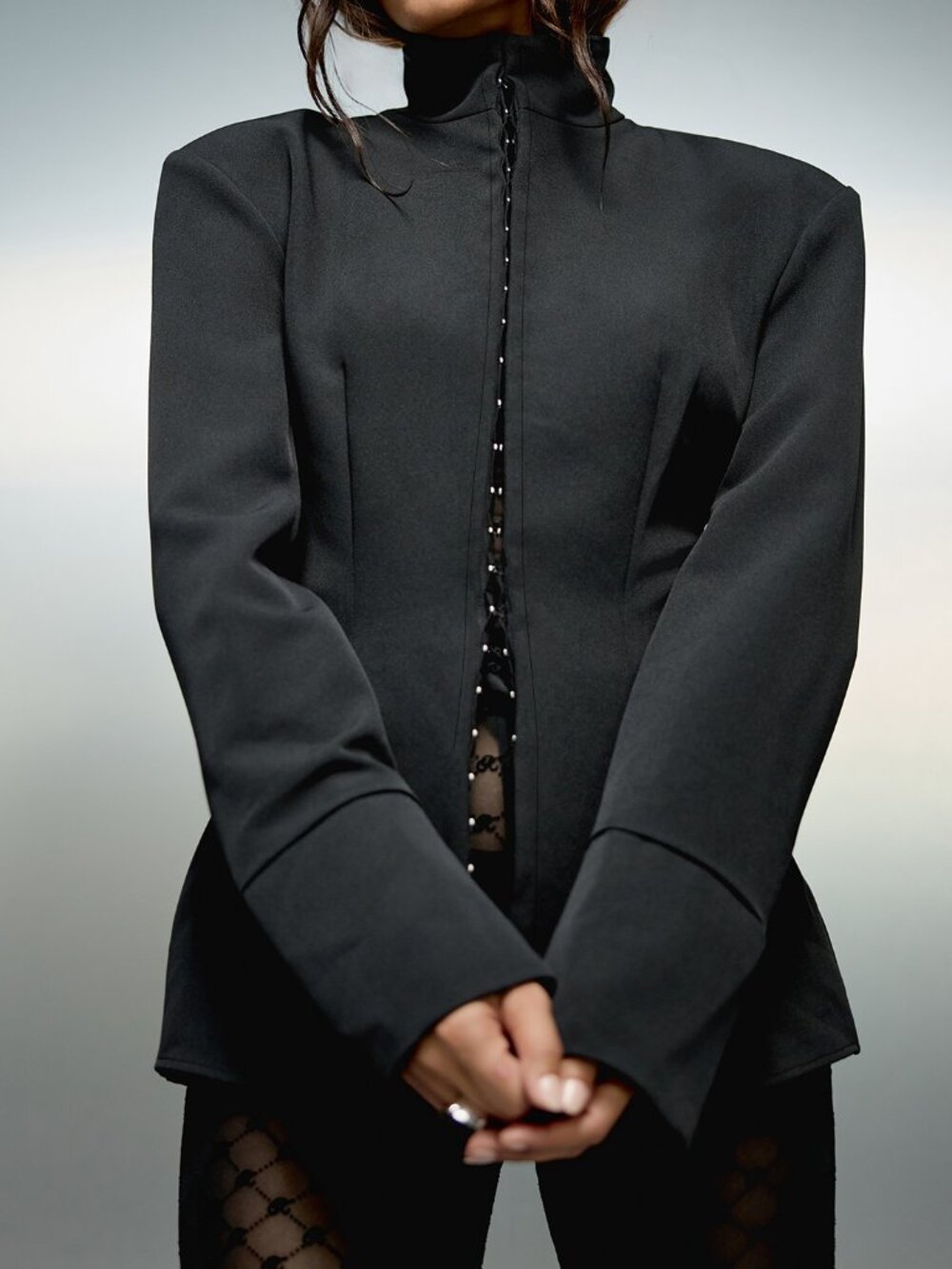 Black Elegant Women's Button Front Stand Collar Long Flared Cuffs Regular Top